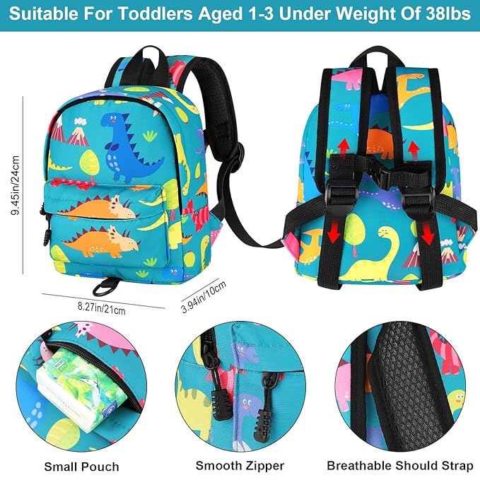 Accmor Toddler Backpack Leash with Anti Lost Wrist Link, Cute Mini Child Walking Harnesses Keep Kids Close Back Pack Rope Tether Rein for Baby Boys (Turquoise/Dino)