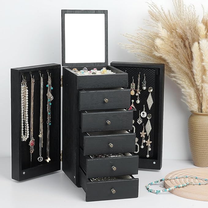 Meangood Jewelry Box Wood for Women, 6-Layer Large Organizer Box with Mirror & 5 Drawers for Rings, Earrings, Necklaces, Vintage Style, Black