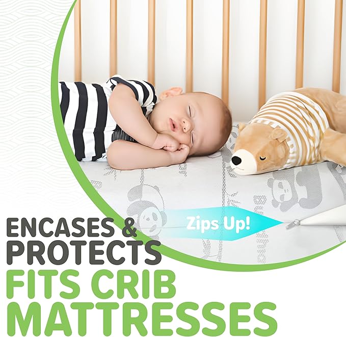 Premium Bamboo Crib Mattress Encasement Protector | Full Zipper Enclosure | Waterproof | Extra Soft | Enfused Charcoal for Odor Control | Fits Crib | Family Friendly, White