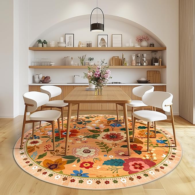Floral 8ft Area Rug Machine Washable Soft Print Boho Carpet Non Slip Doormat Low Pile Flower Area Rugs for Living Room Bedroom Nursery Kitchen Dining Room Indoor-Yellow/Orange