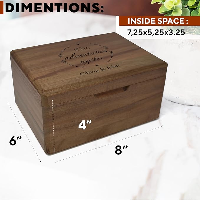 Personalized Memory Box Travel - Travel Gifts for Couples, Acacia Wood Chest Trunk for Couples Adventure Keepsakes, Wooden Keepsake Box for Tickets, Valentine's Gifts Custom, Various Designs, 8x6x4 in