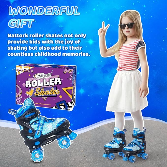 Nattork Kids Roller Skates for Girls Kids, 4 Sizes Adjustable Girls Roller Skates for Ages 3-12 with Light up Wheels & Safety Protection - Cool Birthday Gift for Indoor Outdoor Sports