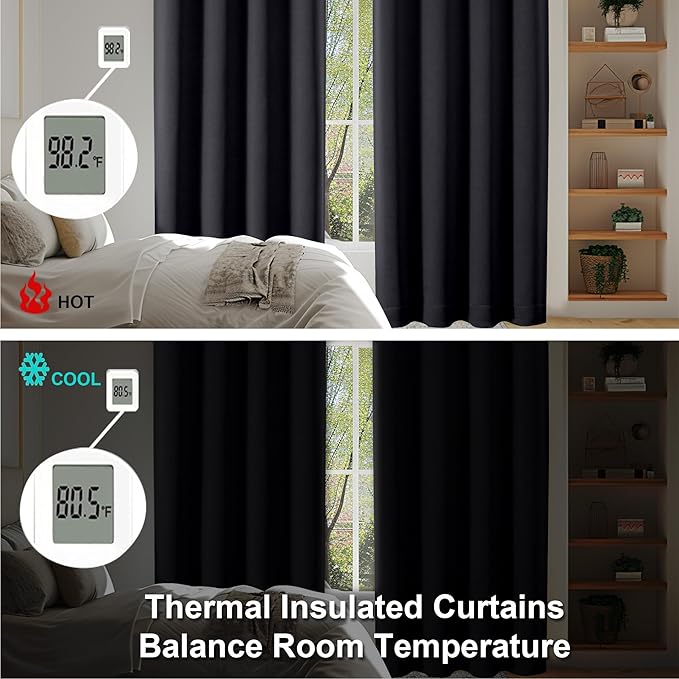 Simplebrand Ava Black Blackout Curtains for Patio 108 Inches Long 2 Panels Set, Solid Thermal Insulated Room Darkening Rod Pocket Window Treatment Curtains Blackout Drapes, W50 x L108 Inch, Black