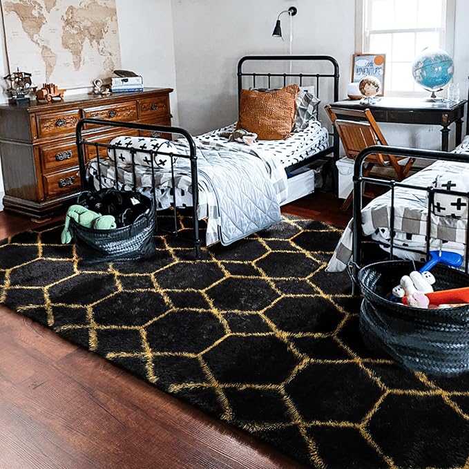 ONASAR 5x8 Rugs for Living Room Bedroom, Washable Fluffy Black and Gold Area Rug, Geometric Boho Soft Plush Shaggy Floor Carpet Mat for Nursery Kids Girls Boys Teen Dorm Home Decor Aesthetic
