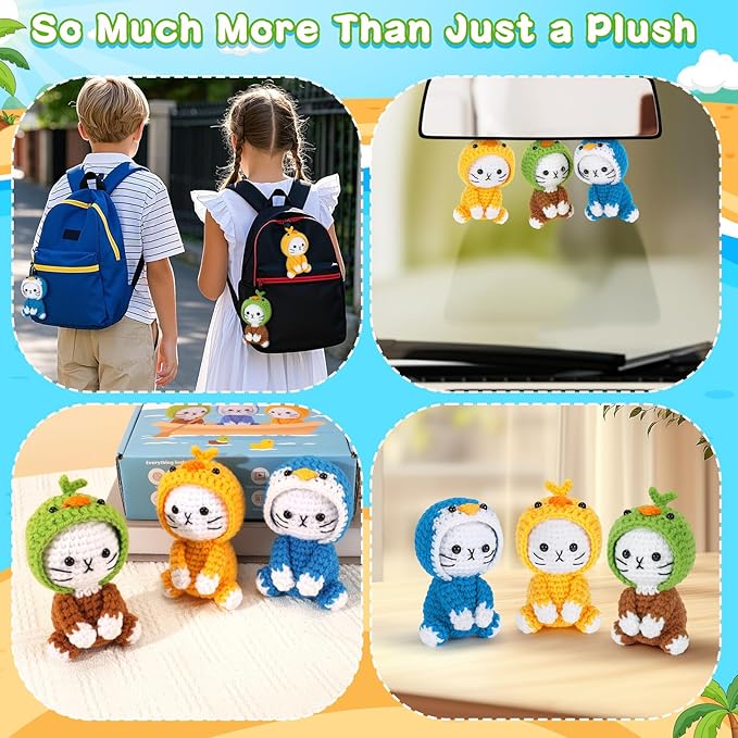 Crochet Kit for Beginners, 3 Pack Duck Cat Crochet Kits with Step-by-Step Video Tutorials, Beginner Crochet Kit for Adults Kid, Crochet Animal Kit for Starters, DIY Craft Gift for Cat Lover