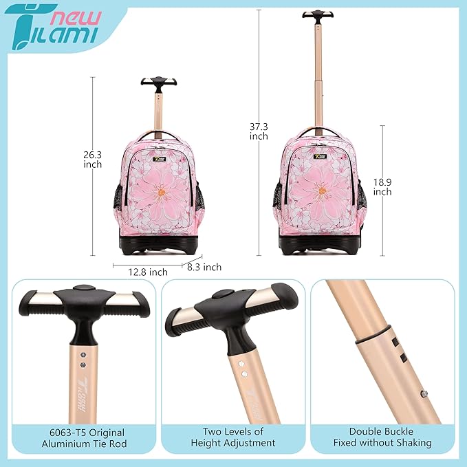 NEW TILAMI Girls & Boys Rolling Backpack - Moisture-Wicking, Adjustable Handle, Large Capacity, Perfect for School & Travel, Pink Flowers
