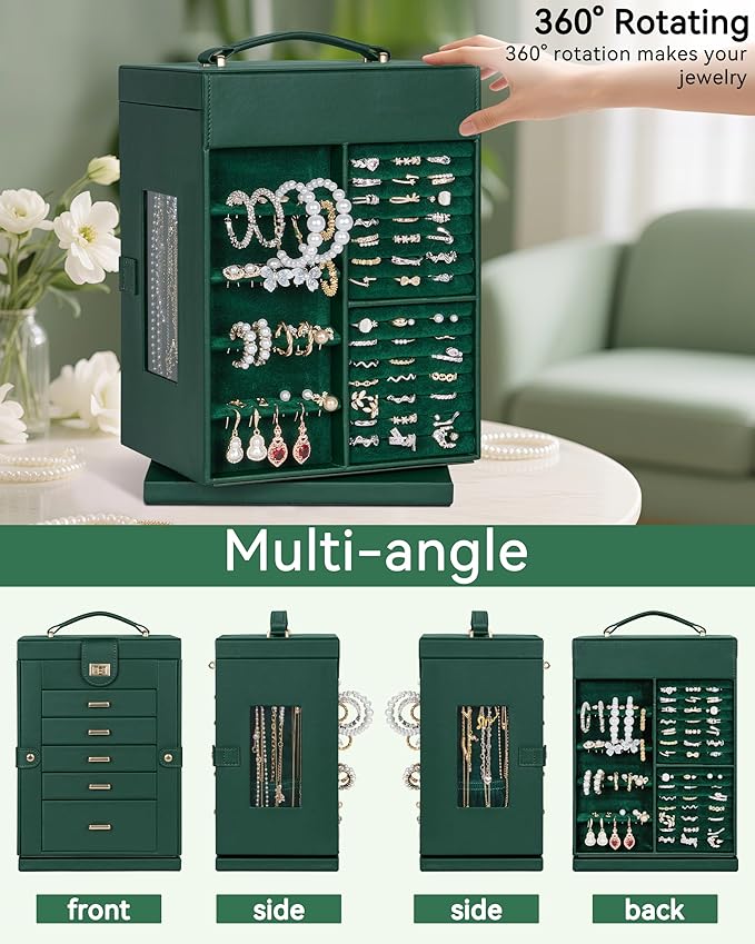 AKOZLIN 360° Rotating Jewelry Box 6-Tier Organizer Functional Jewelry Storage Case for Women Girls Ring Necklace Earring Bracelet Holder with Mirror