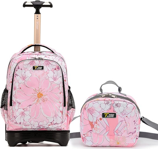 NEW TILAMI Girls & Boys Rolling Backpack - Moisture-Wicking, Adjustable Handle, Large Capacity, Perfect for School & Travel, Pink Flowers