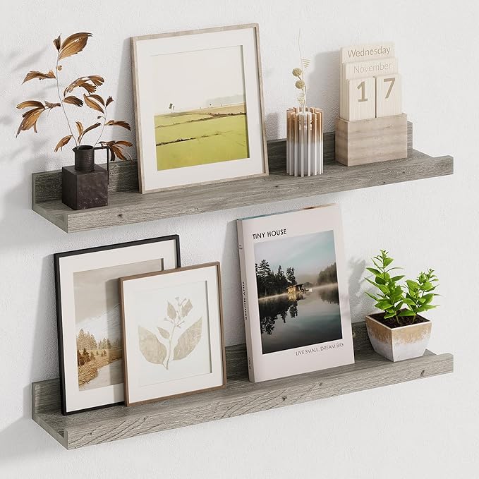Picture Ledge Shelf - 24 Inches Floating Shelves Set of 2 - Rustic Elm Wood Ledge Shelves for Toys Storage, Kids Bookshelf Wall Mounted for Bedroom, Living Room, Kitchen - 24 Inches - Grey