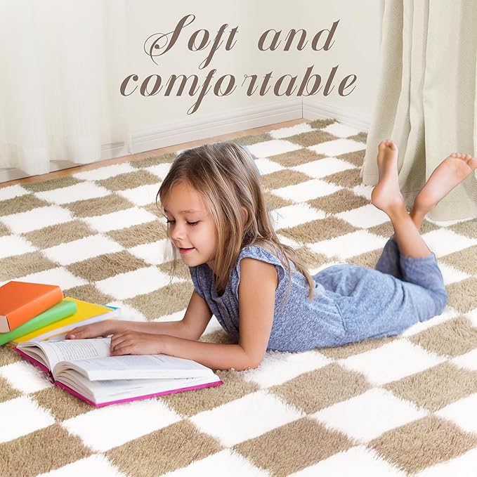 Super Soft Rug for Bedroom, 5x7 Ft Beige and White Area Rug Classic Checkered Shaggy Anti-Skid High Pile Soft Fluffy Rug Fuzzy Carpet for Living Room Bedroom Kids Room Nursery, Dorm Home Decor