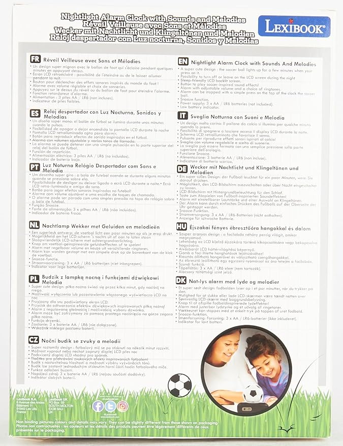 LEXiBOOK - Soccer Ball Digital Alarm Clock with Night Light Snooze, Clock, Luminous Soccer Ball, Black Colour - RL800FO