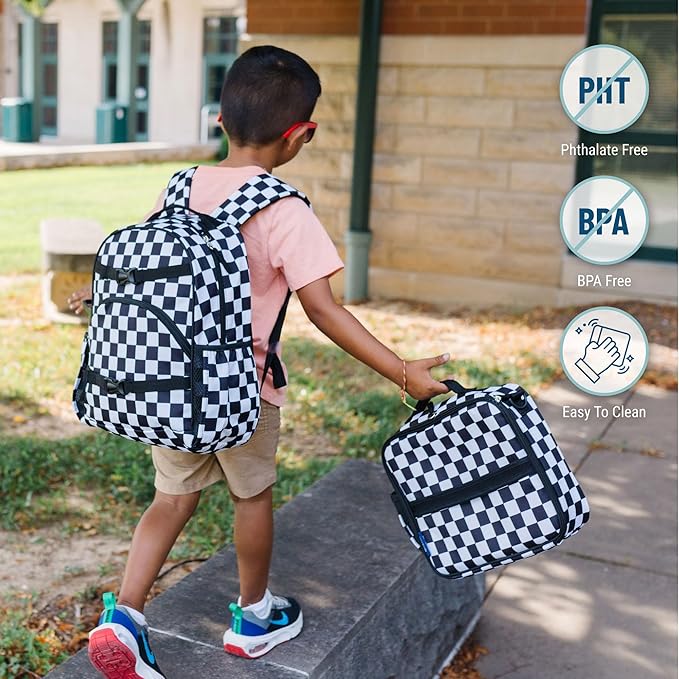 Wildkin ECO rPET 15-inch Kids Backpack – Sustainable, Padded, Adjustable – Black & White Checkered