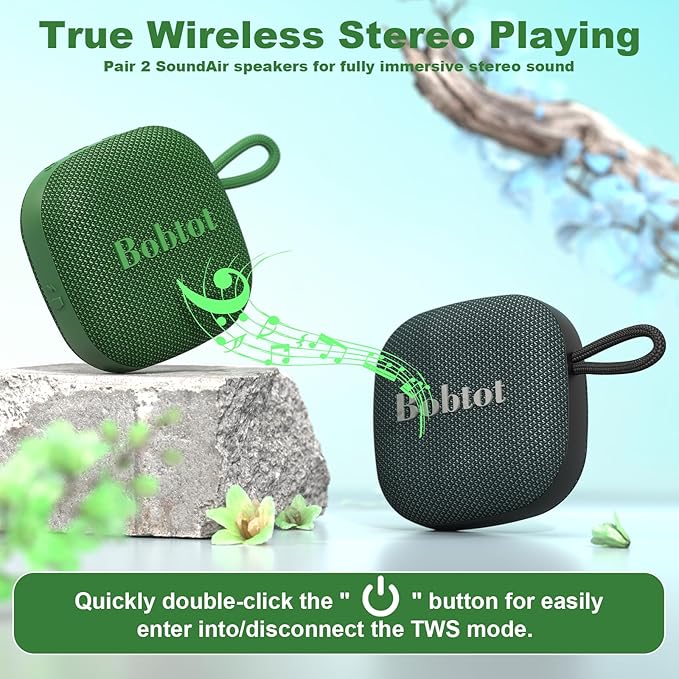 Bobtot Portable Bluetooth Speakers Wireless - IPX7 Waterproof Mini Shower Speaker with 16 Hours Playtime, Loud Stereo Sound, Rich Bass, TWS, Built-in Mic, Small Size for Travel Sport, Green