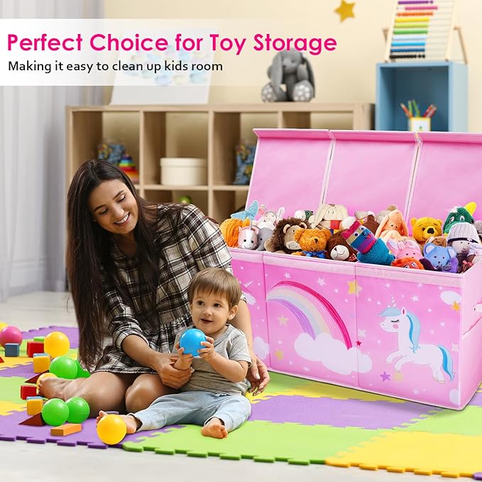 Unicorn Extra Large Toy Box Chest with Flip Lid for Kids, Collapsible Oxford Toy Storage Box with Handles Mesh Pockets, Sturdy Waterproof Toy Box for Bedroom Playroom, 37.7×12.5×15.7 Inch