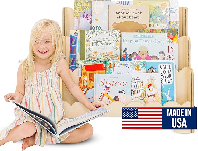 Wooden Kids Bookshelf w/Scalloped Edges- Made in USA- Perfect Height 3-Tier Montessori Shelf- Durable Childrens Bookcase for Kids Room or Playroom- Baby Book Shelf Nursery