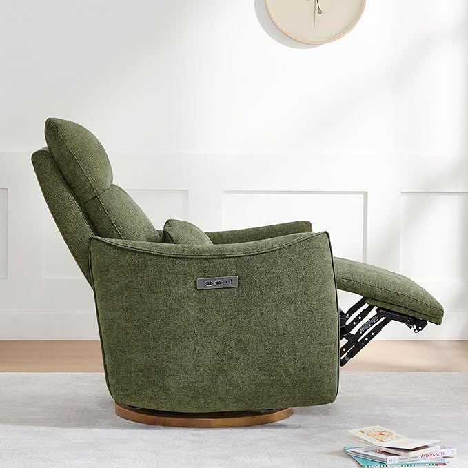 CHITA Swivel Rocker Recliner Chair, Power Nursery Glider Recliner, Nursery Rocking Chair with Adjustable Power Headrest, FSC Certified, Solid Wood Base, Moss Green