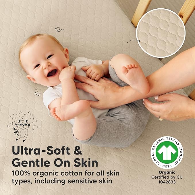 Waterproof Crib Mattress Protector Cover Fitted - 2-Pack Quiet Baby Crib Mattress Pad Sheets, 52" x 28" Soft Quilted Cotton Baby Sheet, Machine Washable, Easy Fit, Durable (Oat/Mavy)