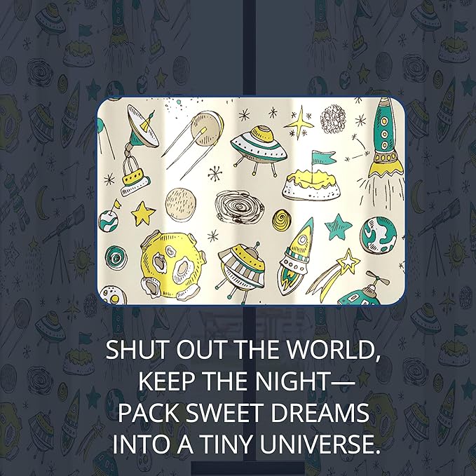 Kids Space UFO and Rocket Blackout Curtains - 100% Blackout, Thermal Insulated, Noise Reducing, Perfect for Kids Room and Nursery, 2 Panels (Space Explorer Sketchbook, W52×L84)