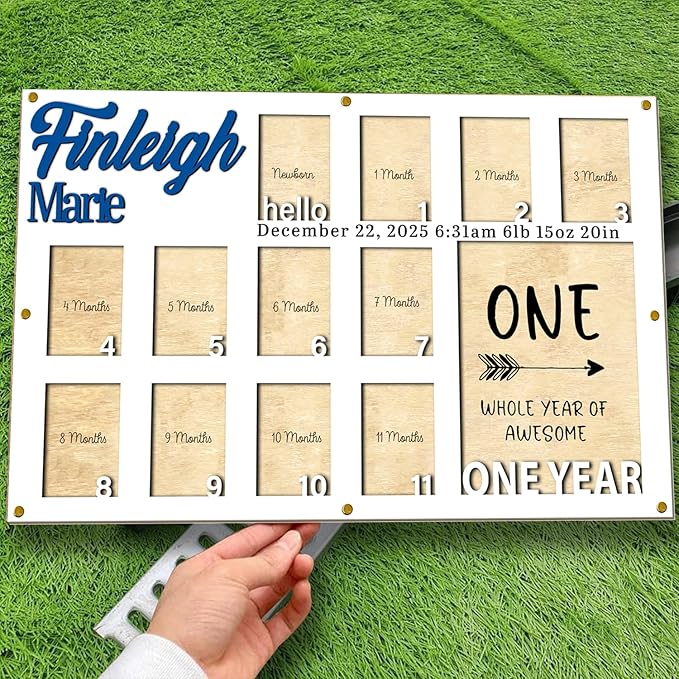 Personalized My First Year Photo Frame | 12 Months Picture Frame For Baby First Year | Displays One 5x7 Photo and Twelve 2x3 Pictures | Birthday Party Decor Newborn Memory Keepsake, Style MP2