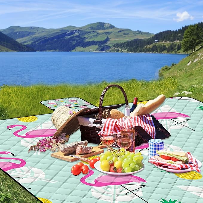 Extra Large Picnic Blanket Waterproof,80"x 80"Foldable Machine Washable Beach Blankets,Outdoor Blanket for 6-8 Adults,Picnic Mat Suitable for Indoor Crawling,Park Beach,Camping,Hiking,Travel（Flamingo）