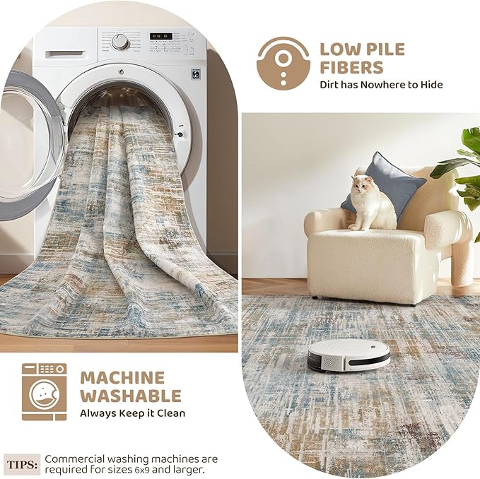 Area Rug for Living Room: 3x5 Washable Neutral Abstract Modern Soft Rugs Non Slip Indoor Floor Stain Resistant Carpet for Bedroom Dining Room Office Nursery - Blue Brown
