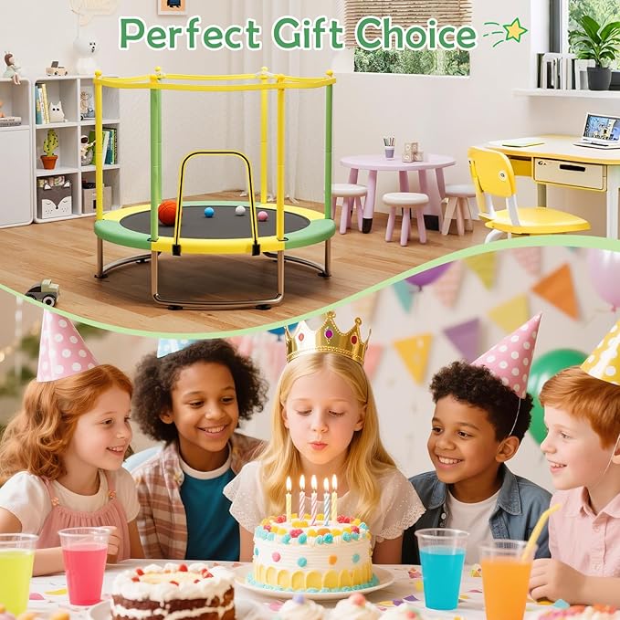 Kids Trampoline with Safety Net – 440lbs Capacity, Upgraded Rust-Proof Ring Legs, Adjustable Gymnastics Bar & Toys – Indoor Outdoor Toddler Trampoline for Boys & Girls Ages 1-8