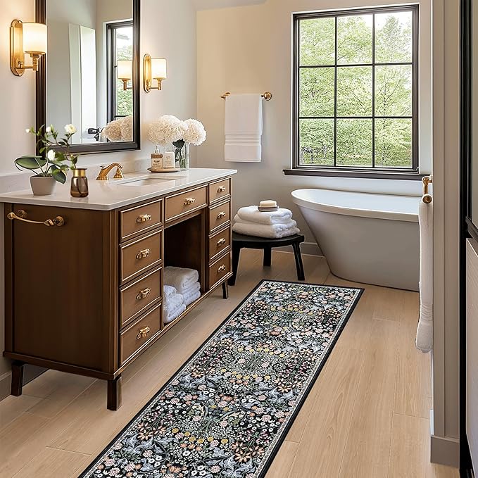 Runner Rug for Entryway: 2x6 Kitchen Rugs Non Slip Washable Ultra-Thin Soft Floral Carpet Indoor Stain Resistant Carpets for Hallway Bedroom Kitchen Laundry Bathroom Dorm Dark Black