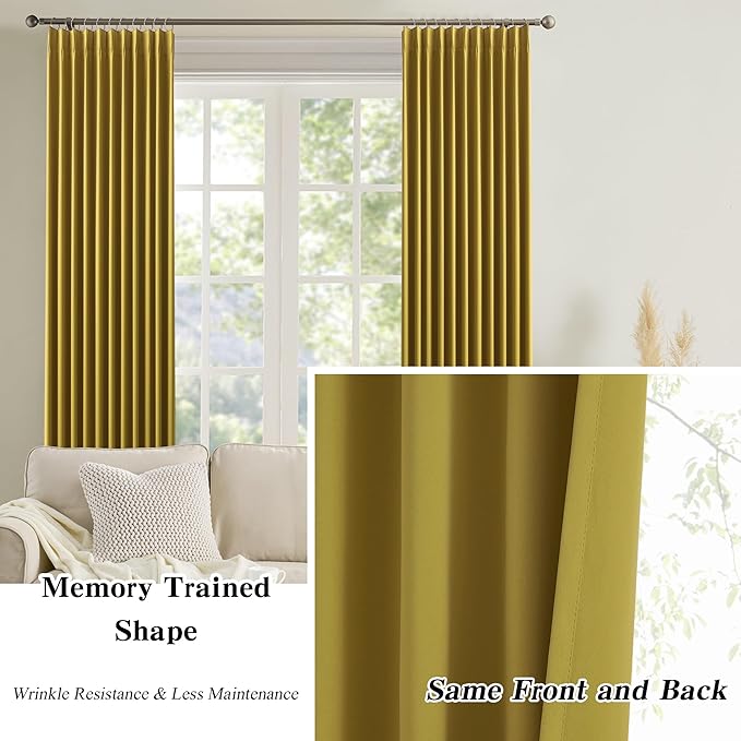 KEQIAOSUOCAI Yellow Pinch Pleated Curtains 45 Inch Length 2 Panels Set Noise Cancelling Window Drapes for Nursery Bedroom Living Room 40x45