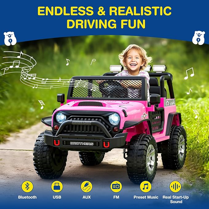 L8 2 Seater Ride On Car, 12V Kids Electric Car w/Remote Control, 4-Wheel Suspension, Bluetooth Speaker, Multi Music Modes, 3 Speeds, LED Lights, Xmas & Birthday Gift Ideas for Kids Ages 3+