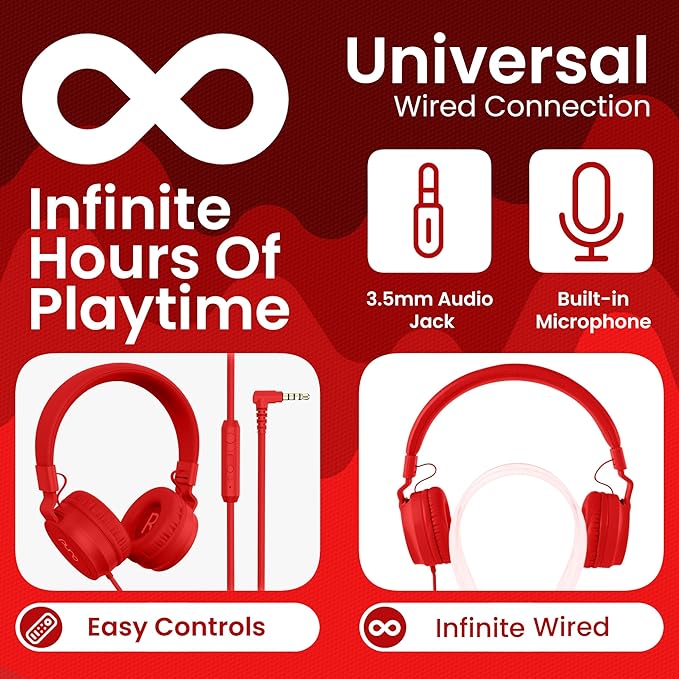 Puro Sound Labs PuroBasic Wired Headphones for Kids - Volume-Limiting & Adjustable with Microphone – Compatible with Smartphones, Tablets, PCs, and More – Safe, Durable Headphones for Kids – Red