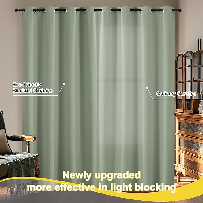 NICETOWN 100% Blackout Curtains 96 Inch Length for Bedroom, Total Blackout Thermal Insulated Grommet Window Drapes for Living Room, 2 Panels, Sage Green, 52 x 96 Inch