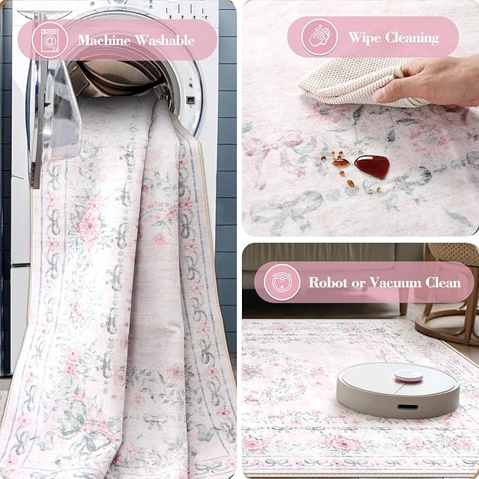 Wonnitar Floral Bow Print 8x10 Area Rugs, Washable Pink Rugs for Bedroom Girls, Boho Ultra-Thin Soft Non Slip Carpet for Nursery Living Room Kids Room Classroom Decor, Light Pink