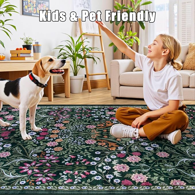 Runner Rug for Entryway: 2.6x8 Kitchen Rugs Non Slip Washable Ultra-Thin Soft Floral Carpet Indoor Floor Stain Resistant Carpets for Hallway Bedroom Kitchen Laundry Bathroom Dorm Dark Green