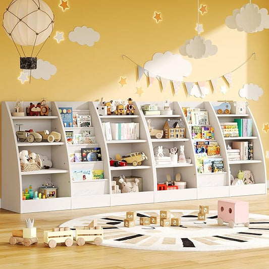 4 Tier Kids Bookshelf Set of 2, 4 Layer Sling Kids Book Shelf for Kids Rooms, XL Wood Children Bookcase,Baby Storage Book Rack,Toddler Bookshelf, Book and Toy Organizer,Book Display Shelf for Nursery