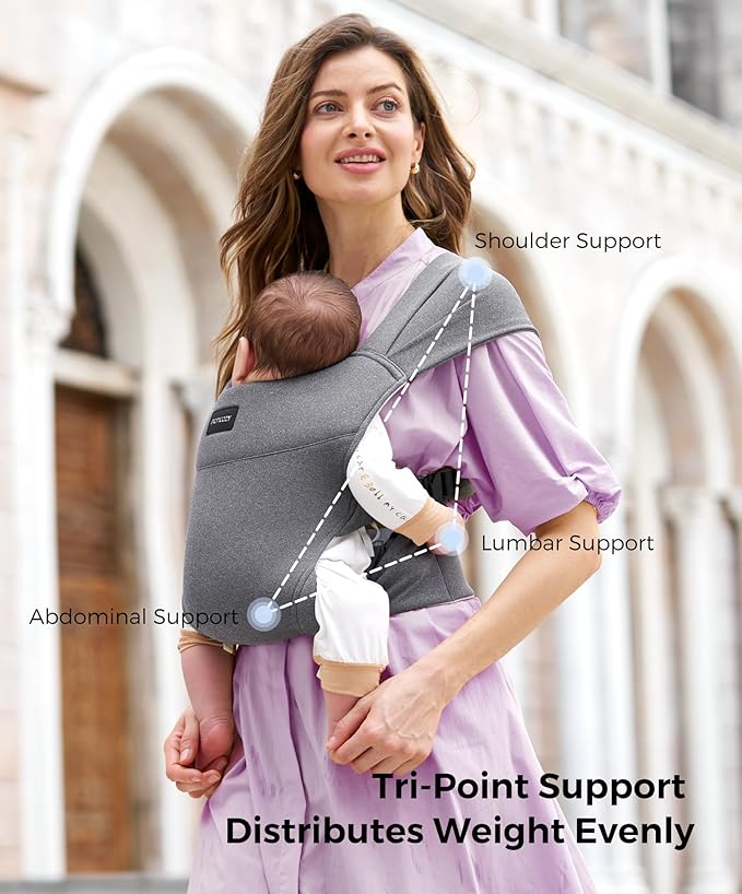 Momcozy Portable Baby Carrier – Compact & Lightweight, Adjustable for Travel, Fold & Go Convenient Storage Hip Pouch, Wide Shoulder Straps, Soft Skin-Friendly Fabric, for Babies 12–35 lbs (Grey)