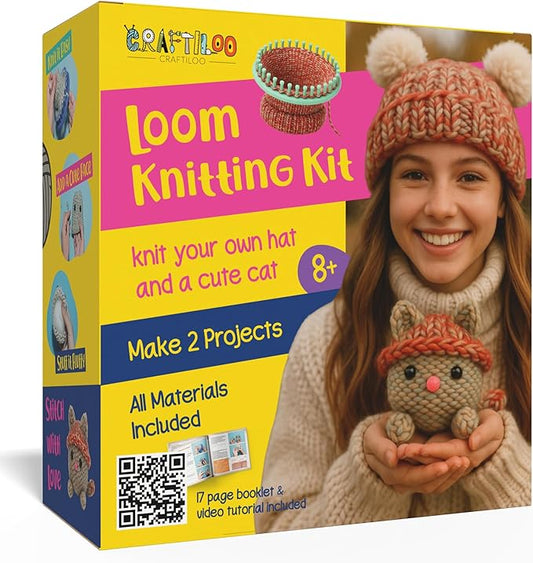 CRAFTILOO Knitting Kit for Kids – Beginner Knitting Kit to Make a Hat & Cat – Quick Knit Loom Kit with Yarn, Tools & Instructions – Knitting for Beginners Kit for Girls & Boys Ages 8+