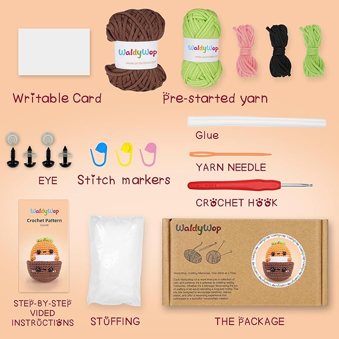 WaldyWop Beginner Crochet Kit for Kids: Easy Crocheting Starter Kits for Girls - Learn to Crochet Set w/Step-by-Step Video - Complete Knitting Kit, Easy Crochet Yarn, Birthday Gifts for Women