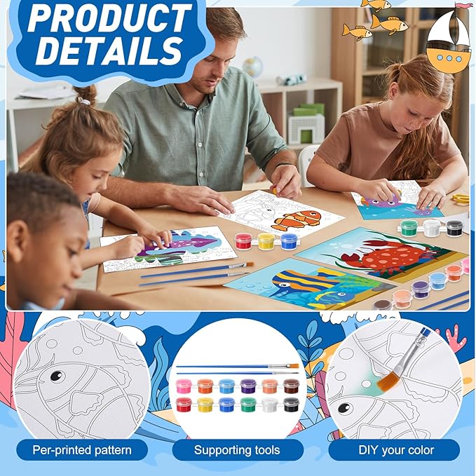 Blosssound 10 Set Pre Printed Canvas Pre Drawn Canvas Painting with Easel Kits 5" x 7" Outline Painting Panels for Beginners, DIY Craft Project, Party Favor, Home Decors(Ocean)