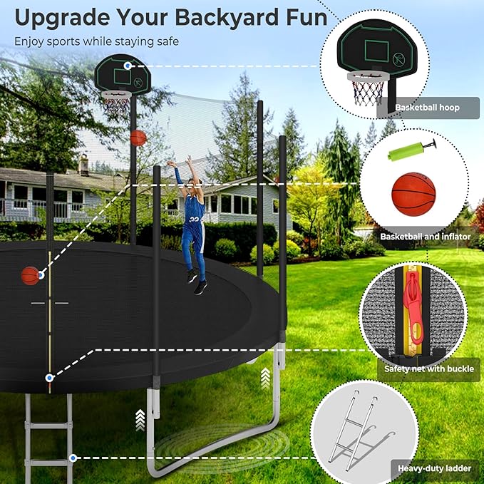 Upgraded 16FT 15FT 14FT 12FT 10FT 8FT Trampoline Outdoor with Basketball Hoop and Net, Capacity for 4-6 Kids and Adults