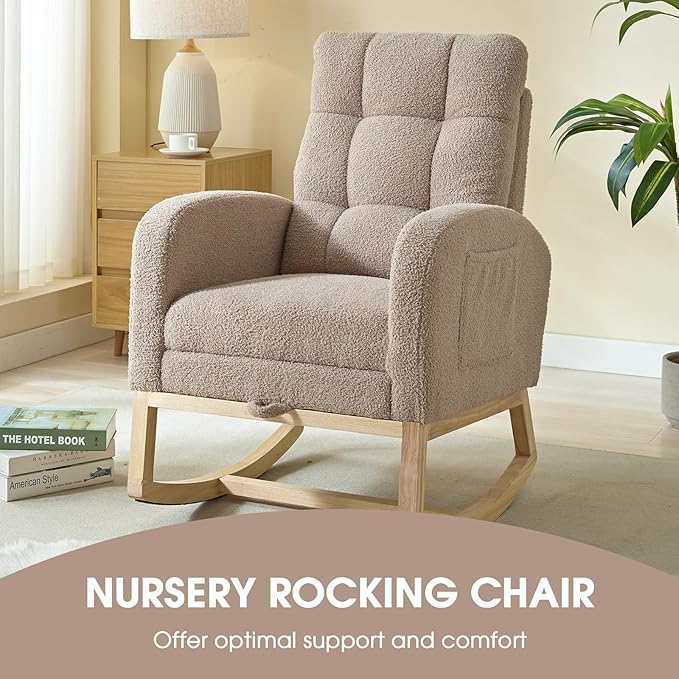 NIOIIKIT Modern Nursery Rocking Chair, Teddy Upholstered Rocking Chair with Footrest, Comfortable Rocker Chair with Side Pocket, Rocker Chair for Living Room, Bedroom, Nursing Room (Brown)