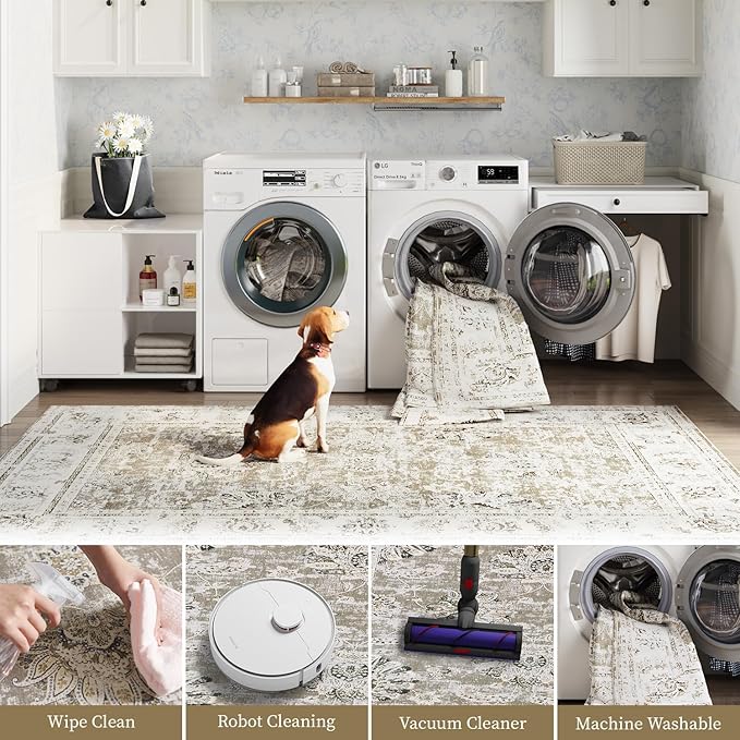 jinchan Long Hallway Runner Rug 2x12 Machine Washable Runner Rug Taupe Vintage Floral Design Non-Slip Ultra-Thin for Kitchen Laundry Room Bedroom Farmhouse (2‘x12',Taupe)