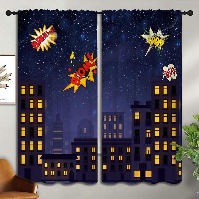Super Hero Rod Pocket Blackout Curtains for Boy Girl Bedroom, Exploding City Starry Cartoon Skyline Thermal Insulated Home Window Drapes for Living Room Darkening, 55x63 inch
