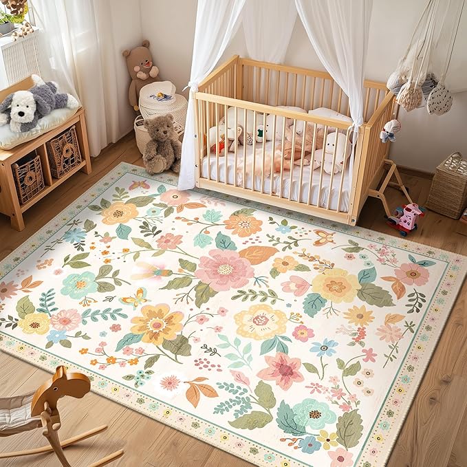 Floral 8x10 Area Rug Machine Washable Soft Print Boho Carpet Non Slip Doormat Low Pile Flower Area Rugs for Living Room Bedroom Nursery Kitchen Dining Room Indoor-Beige/White/Orange