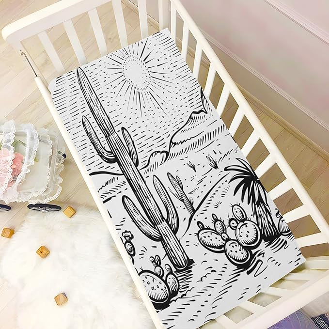 Western Desert Landscape Crib Sheets for Boys and Girls, Fitted Baby Crib Sheets Soft and Breathable Mini Crib Sheets 52 X 28 X 9 Inches