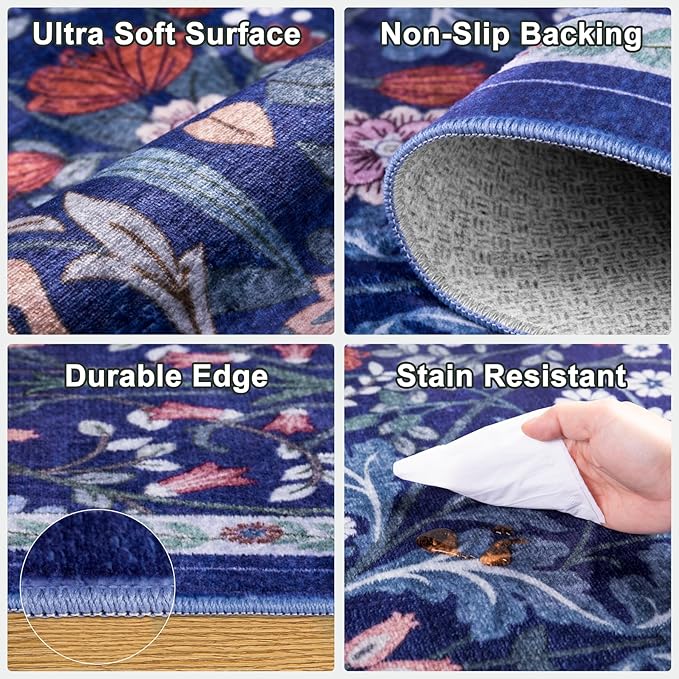 Runner Rug for Entryway: 2x10 Kitchen Rugs Non Slip Washable Ultra-Thin Soft Floral Carpet Indoor Floor Stain Resistant Carpets for Hallway Bedroom Kitchen Laundry Bathroom Dorm Blue
