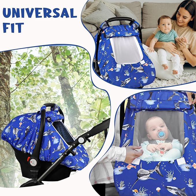 Pea Pod Car Seat Cover Baby, Infant Car Seat Canopy Covers for Newborn with 2 Layers Windows of Breathable Mesh Fabric, Lightweight Polyester/Soft Minky Dot Backing (Ocean)