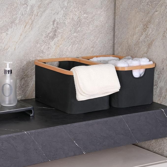 efluky Storage Baskets for Organizing, Fabric Storage Bins with Bamboo Handles, Collapsible Storage Baskets for Shelves and Closet, Black Set of 2