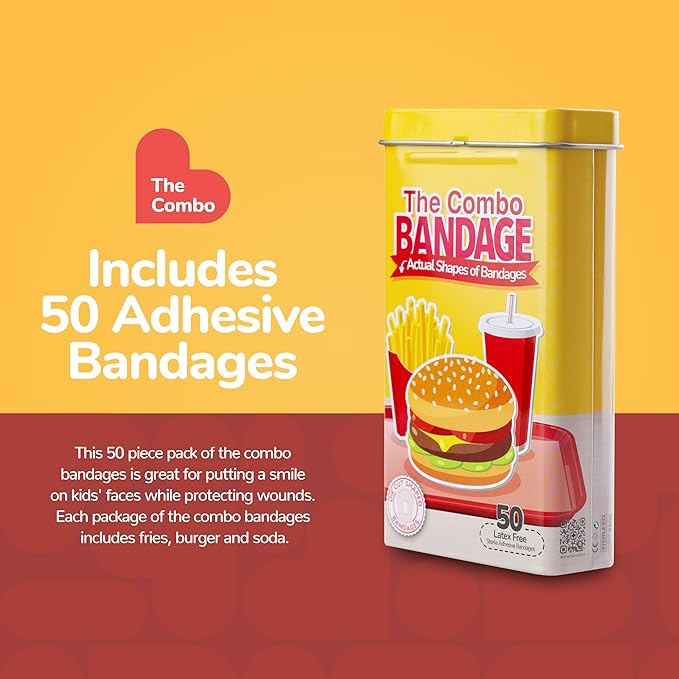 BioSwiss Bandages, Combo Meal Shaped Self Adhesive Bandage, Latex Free Sterile Wound Care, Fun First Aid Kit Supplies for Kids, 50 Count