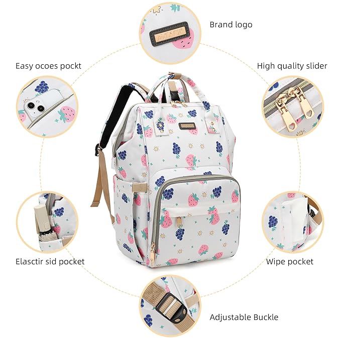 Diaper Bag Backpack, Diaper Bags for Baby Girls Boys, Baby Bags for Moms Dads, Nappy Changing Bag with Insulated Pockets,Multi-functional Waterproof Backpack with Stroller straps-Berry White