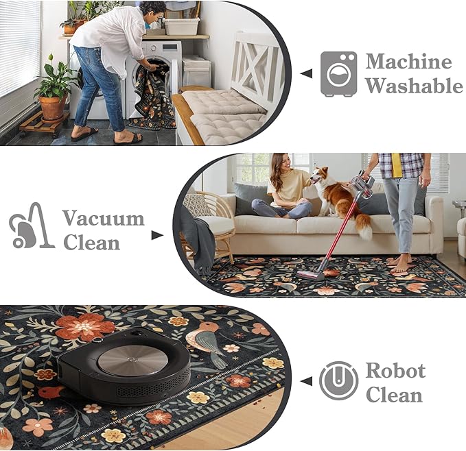 Moynesa Machine Washable 6x9 Area Rugs, Boho Bird Ultra Thin Living Room Rug Non Slip, Soft, Stain Resistant, Indoor Black Large Throw Carpet for Bedroom Office Dining Room Under Table